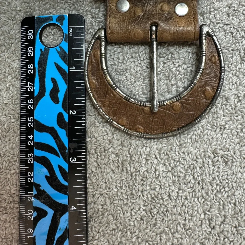 Western Brown Ostrich Embossed Leather Wide Belt Ornate Silver Crescent Buckle